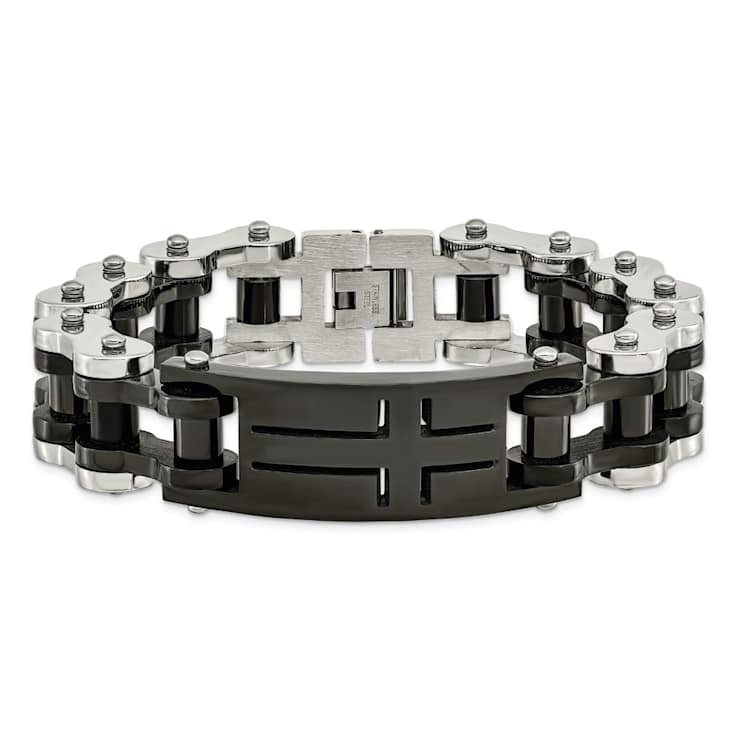 Stainless Steel Polished Black IP-plated Cross ID Bracelet