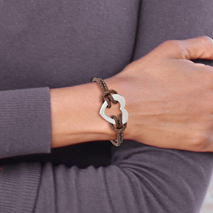 Brown Leather and Stainless Steel Polished Heart 7.5-inch Bracelet