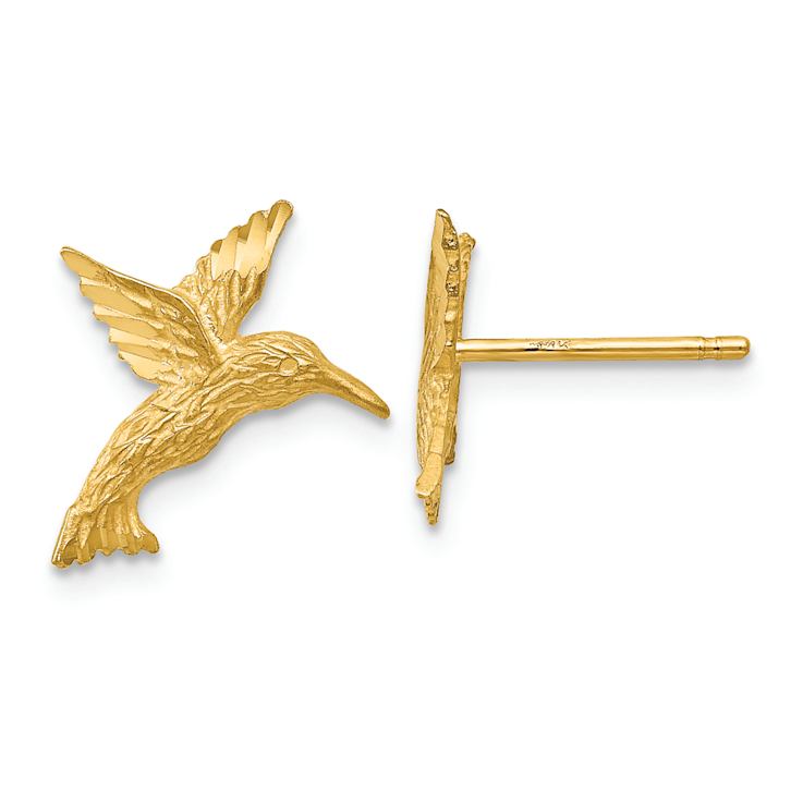 14k Yellow Gold Satin, Textured and Diamond-Cut Hummingbird Stud Earrings