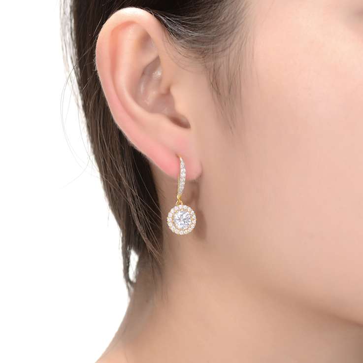 CZ Halo Drop Earrings In 14K Gold Over Sterling Silver