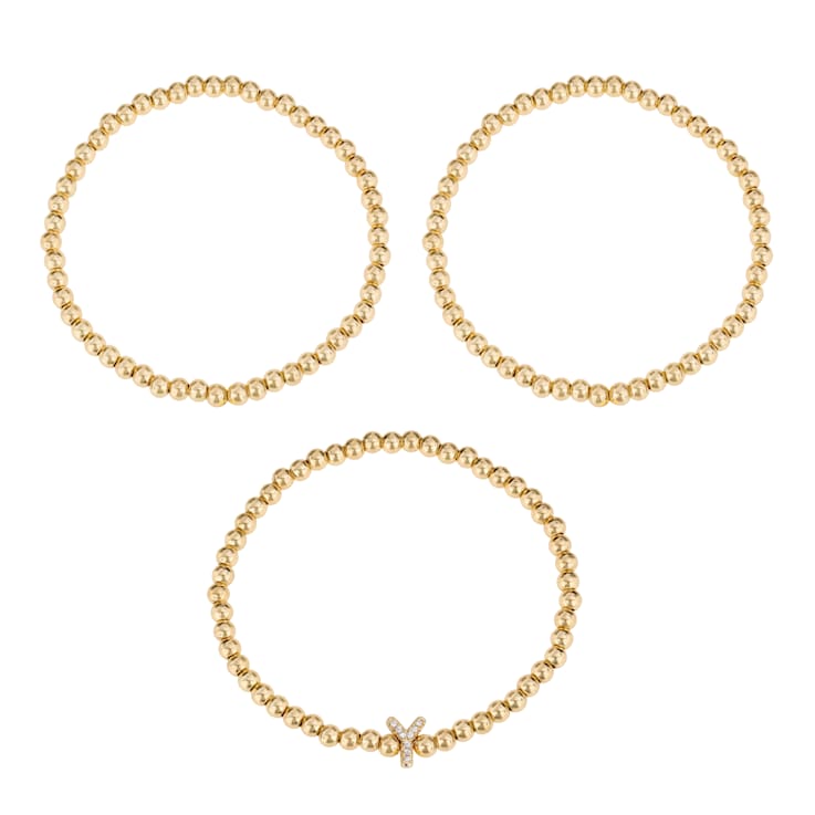 Initial Y CZ Beaded Bracelet Set In 14K Gold Over Brass 0.09ctw