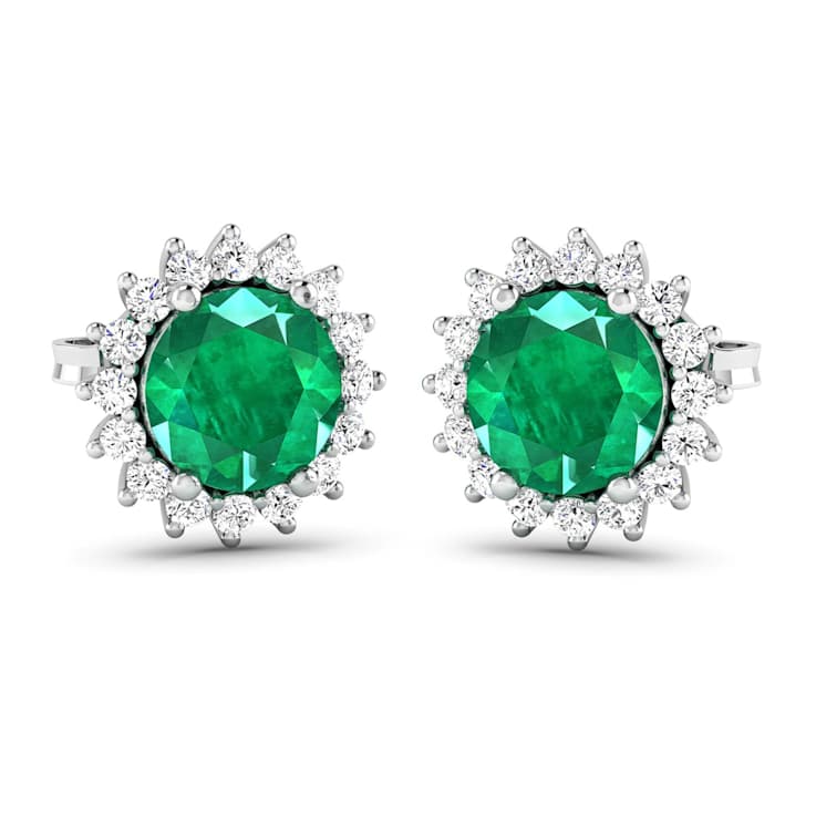 1.36ctw 14K White Gold  Zambian Green Emerald and White Diamond Halo Earrings
