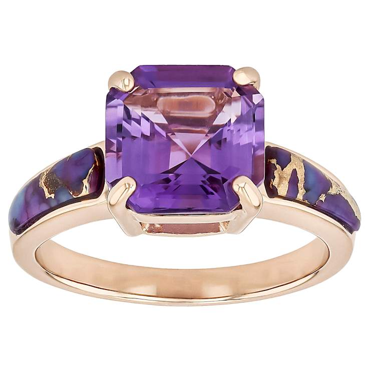 Amethyst Asscher And Purple Turquoise Inlay Ring In 18K Rose Gold Over
Sterling Silver 3.15ct