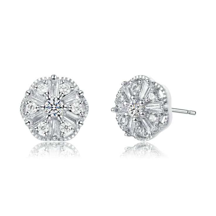 Vintage Pinwheel CZ Cluster Stud Earrings In White Rhodium Over Brass