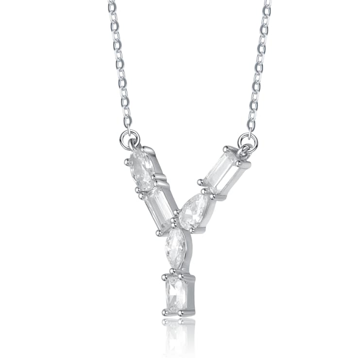 Initial Y Mixed Cut CZ Pendant Necklace In Sterling Silver 18 Inch