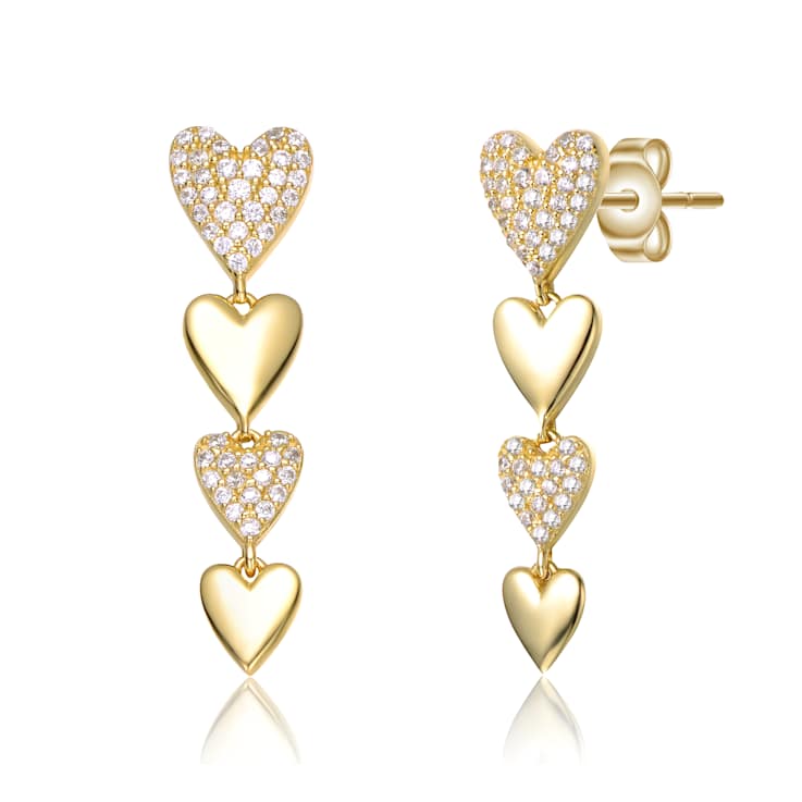 CZ Pave Double Heart Drop Earrings In 14K Gold Over Sterling Silver