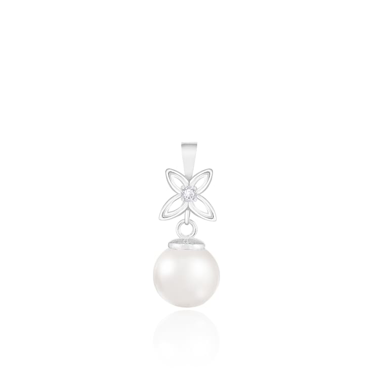 White Cultured Freshwater Pearl and Diamond 14K White Gold Pendant 7-7.5mm
