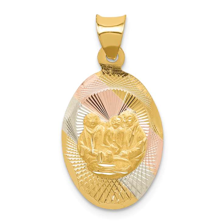 14k Tri-color Gold Satin Diamond-Cut Baptism Oval Pendant