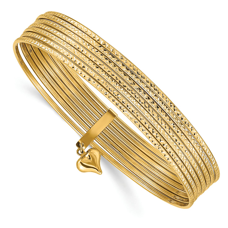 14k Yellow Gold Oversized Set of 7 Slip-on Textured Bangles with Dangle Heart