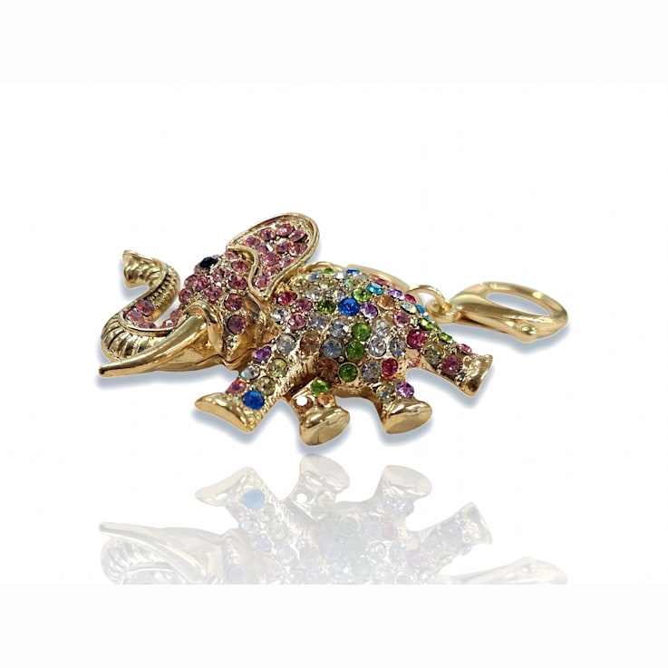 Gold Tone Multi Color Crystal Elephant Keychain