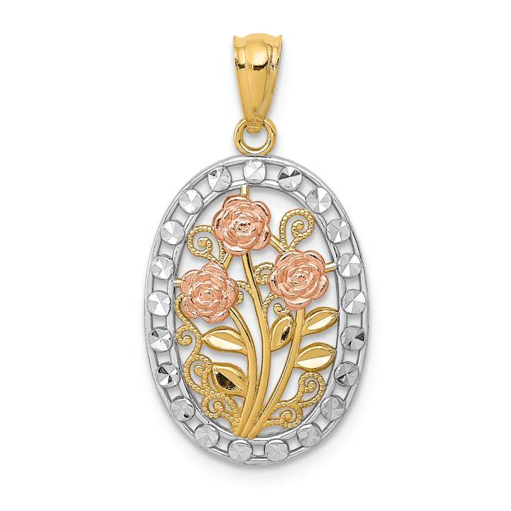 14k Tri-color Gold Textured Oval 3 Rose Pendant