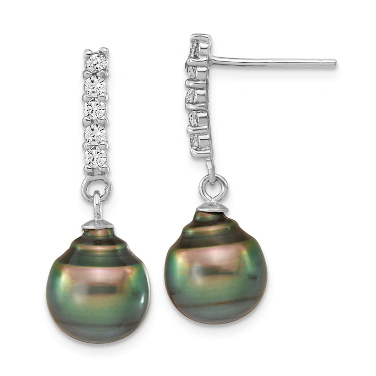 Rhodium Over Sterling Silver 9-10mm Tahitian Pearl Cubic Zirconia
Earring and Necklace Set