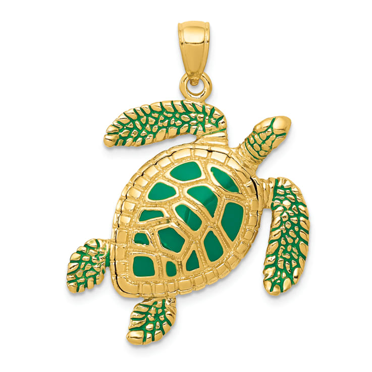14k Yellow Gold Textured 3D Green Enameled Sea Turtle Pendant