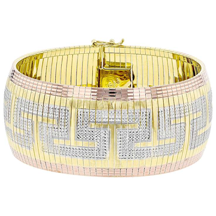 Tri-Color Greek Key Omega Bracelet In 18K Gold Over Bronze