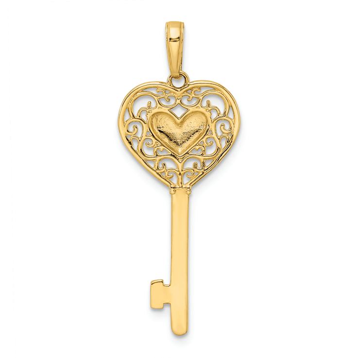 14K Two-tone Gold Diamond-Cut Filigree Heart Key Pendant