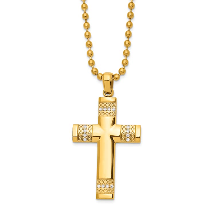 White Cubic Zirconia Stainless Steel  Yellow IP-plated Men's Cross
Pendant With Chain