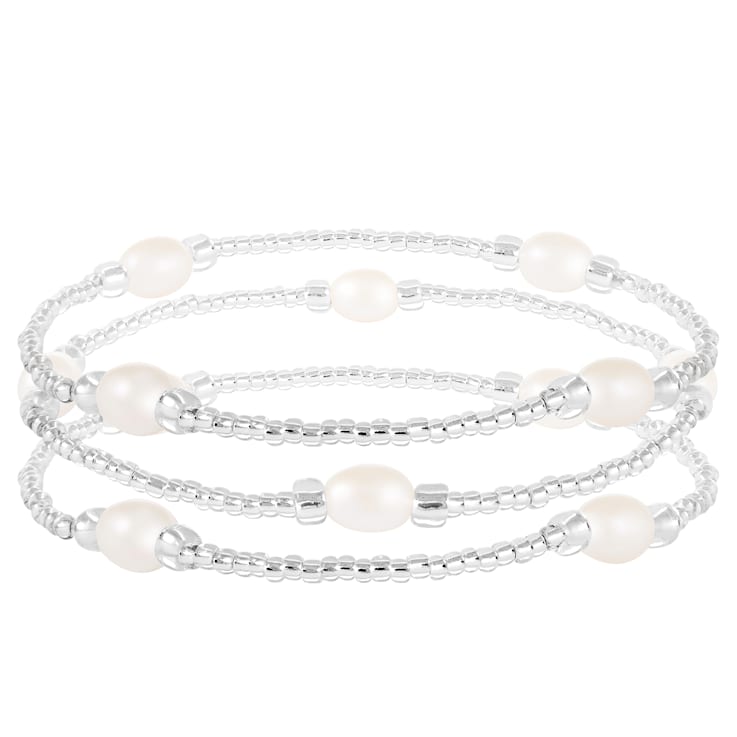 KALIFANO | White Ceramics & Freshwater Pearls Gemstone Elastic Bracelet