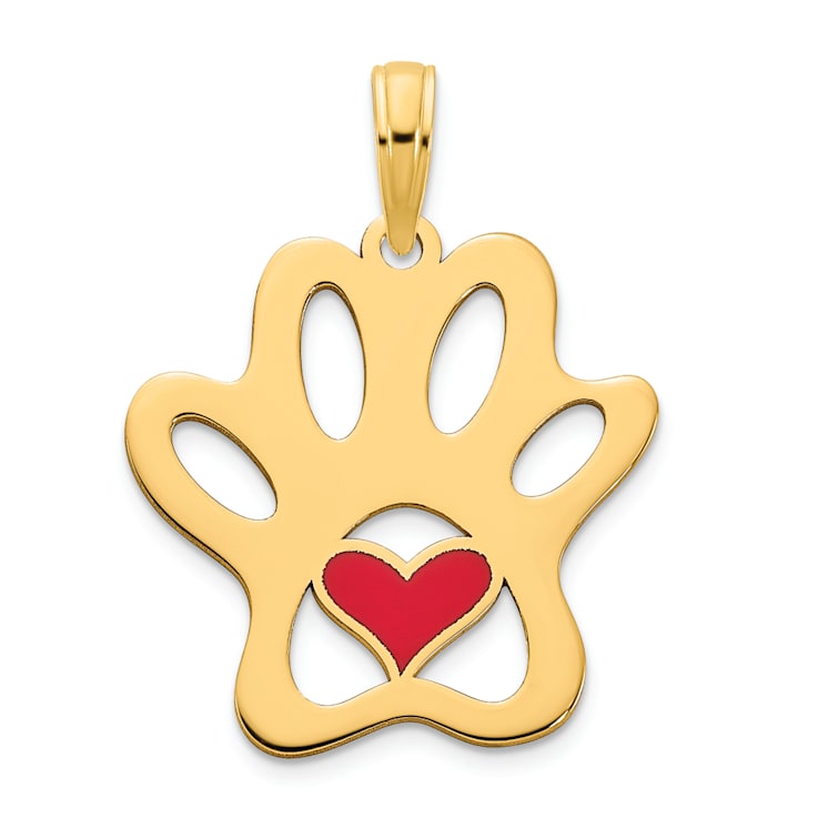 14K Yellow Gold Epoxy Paw Print with Heart Pendant