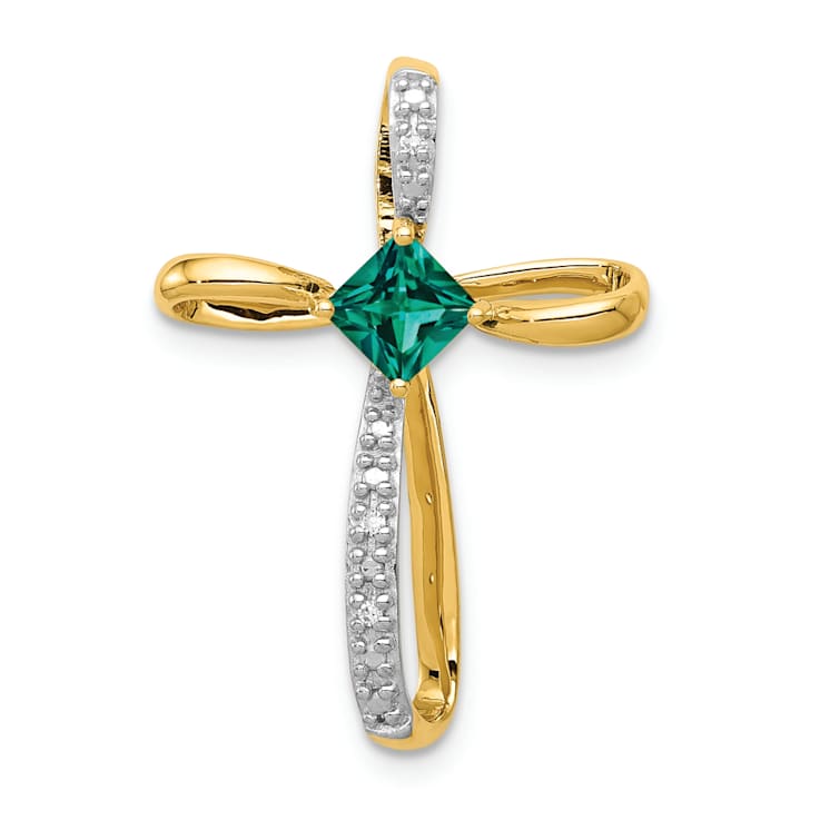 14k Yellow Gold and Rhodium Over 14k Yellow Gold Lab Created Emerald and
Diamond Cross Slide