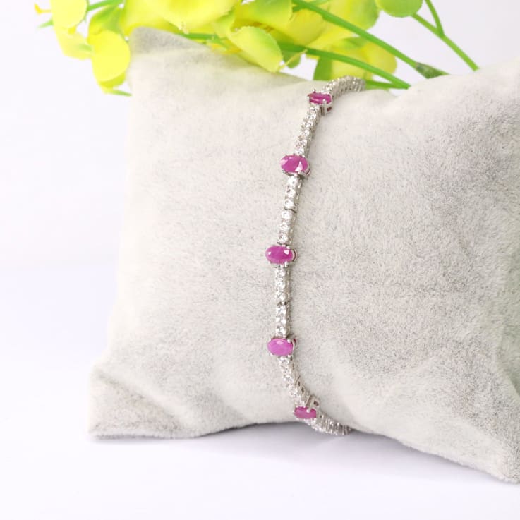 Oval Ruby and White Zircon Sterling Silver Bolo Bracelet