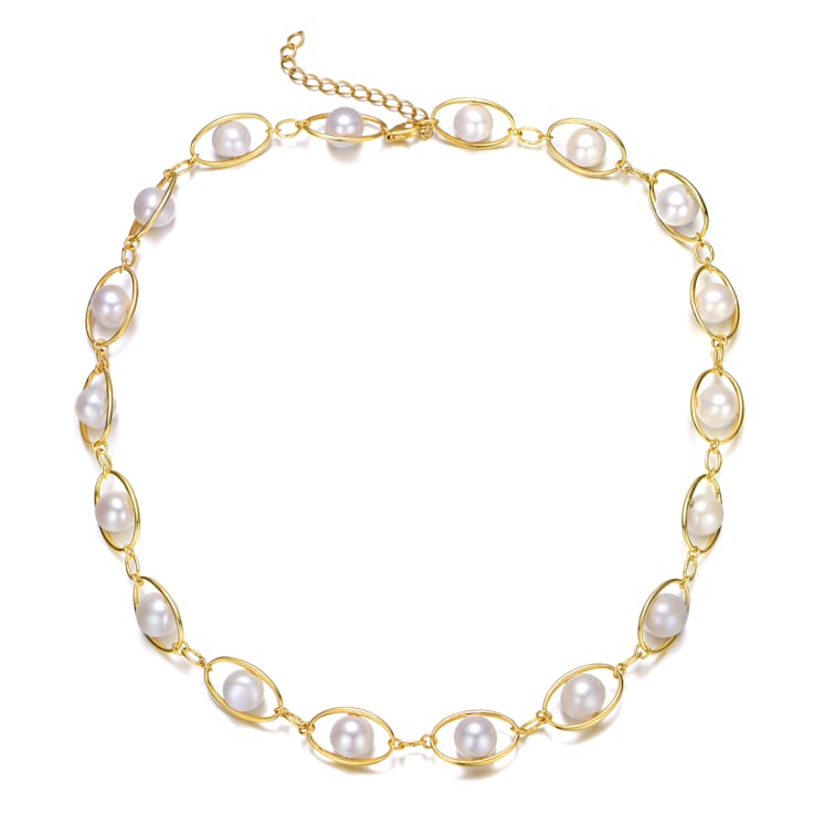 Freshwater Pearl And CZ Link Necklace In 14K Gold Over Sterling Silver