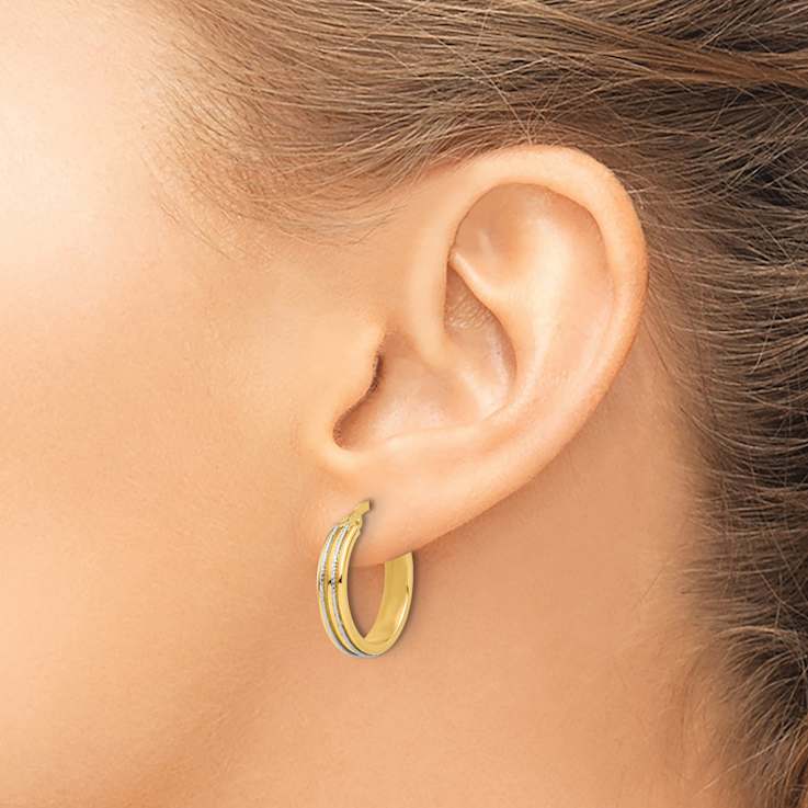 14k Two-tone Polished and Diamond-Cut 13/16" Hoop Earrings