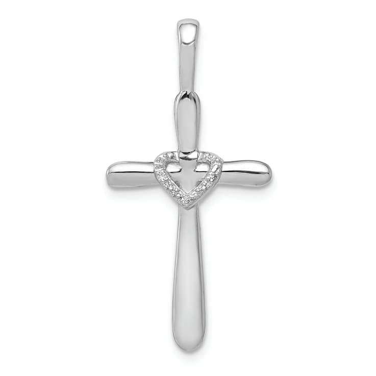 Rhodium Over 10k White Gold Diamond Cross with Heart Pendant