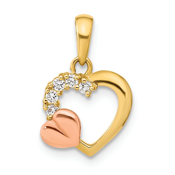 14K Two-tone Gold  Open Heart Cubic Zirconia Pendant