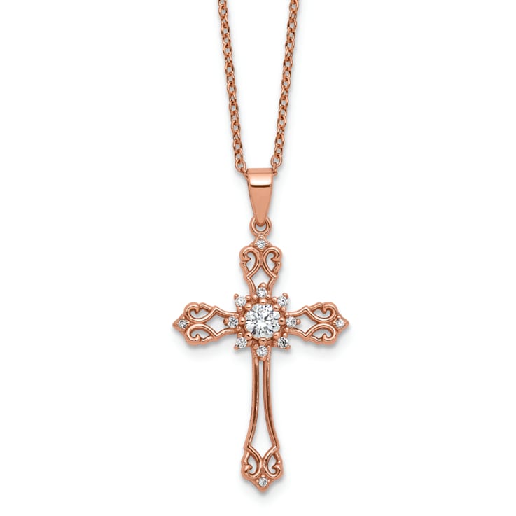 14K Rose Gold Over Sterling Silver Cubic Zirconia Cross with 2 Inch
Extension Necklace
