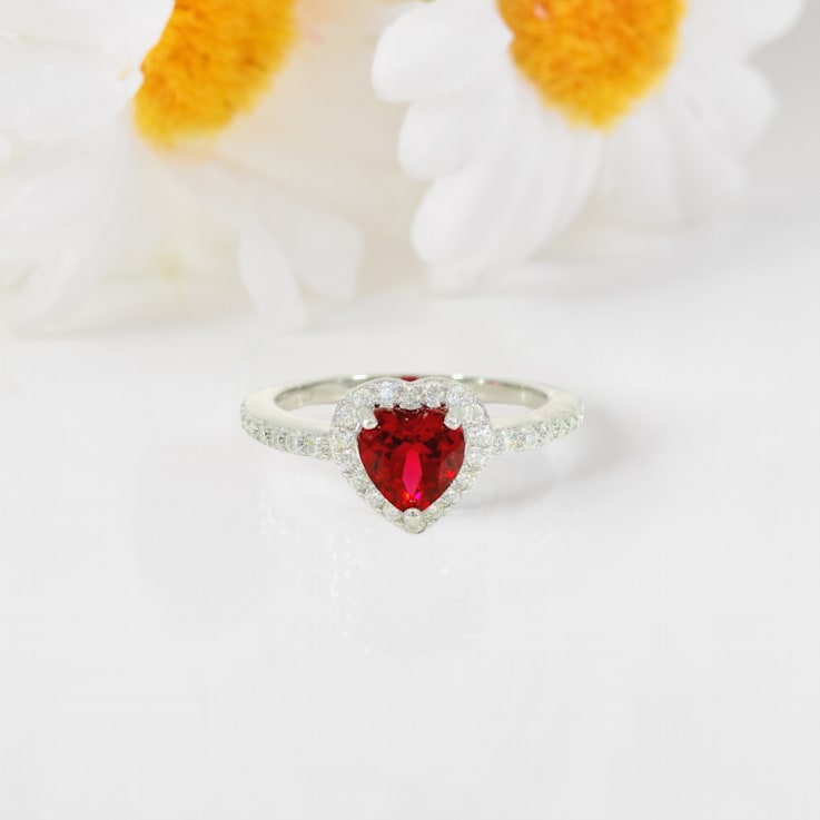 Red Lab Created Ruby Ring With Moissanite Rhodium Over Sterling Silver
Halo Heart Ring
