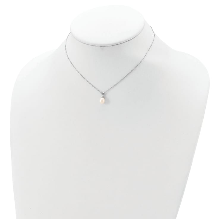 Rhodium Over Sterling Silver White Rice 6-7mm FWC Pearl Necklace