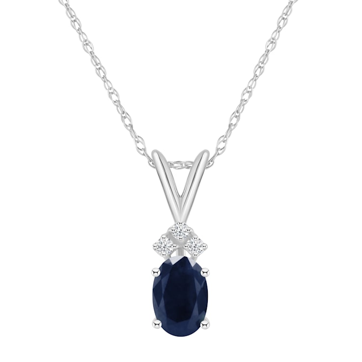 7x5mm Oval Sapphire with Diamond Accents 14k White Gold Pendant With Chain