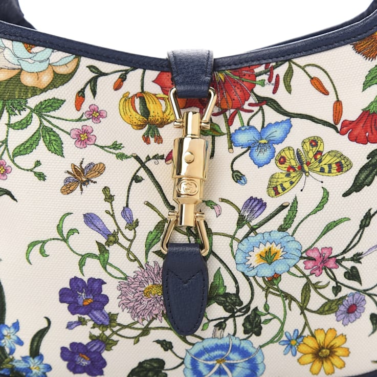 Gucci Jackie Flora Canvas White Blue Agata Hobo Bag 12G7PA