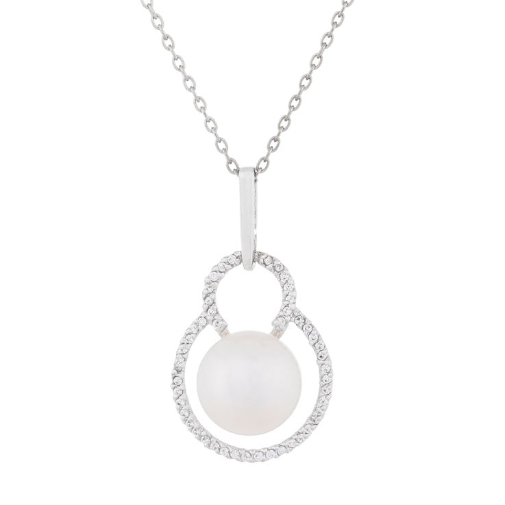 10-11mm Button White Cultured Freshwater Pearl and CZ Rhodium Over
Sterling Silver Pendant