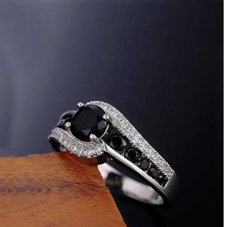Black Spinel And White Topaz Accents Rhodium Over Sterling Silver Bypass Ring
