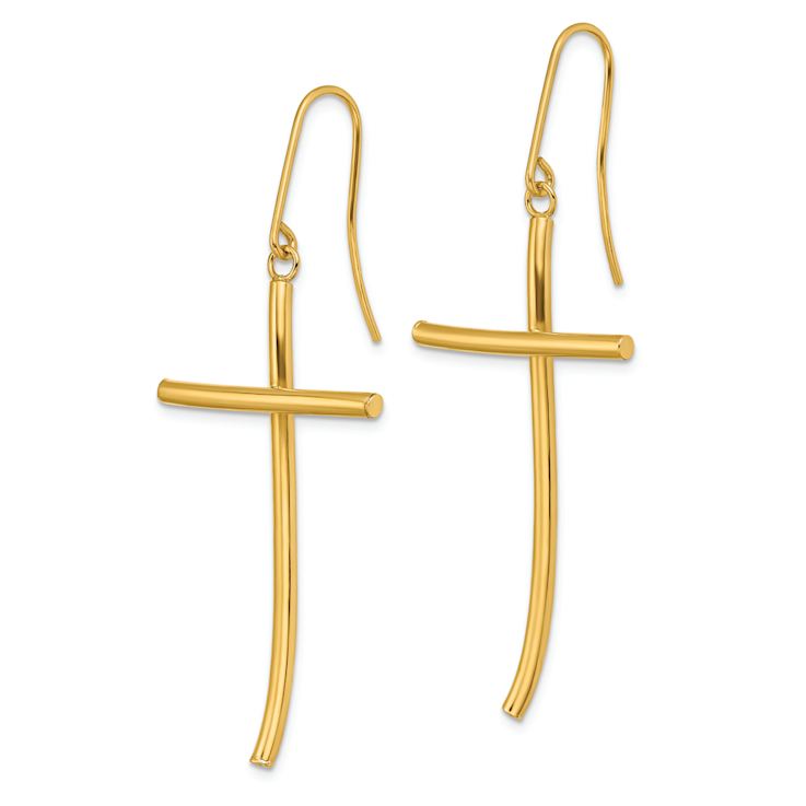 14k Yellow Gold Polished Cross Dangle Earrings