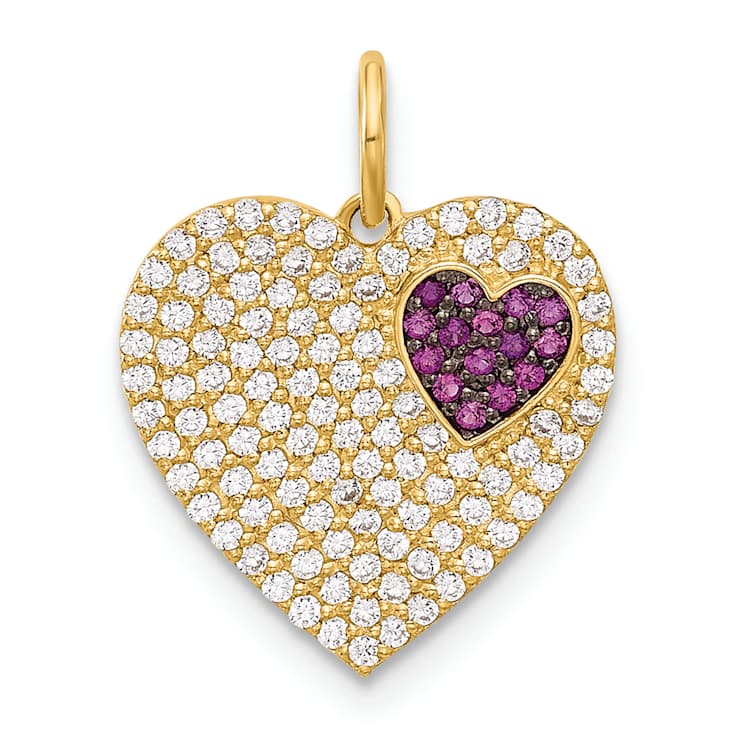 10k Yellow Gold Polished Clear and Red Cubic Zirconia Heart Charm