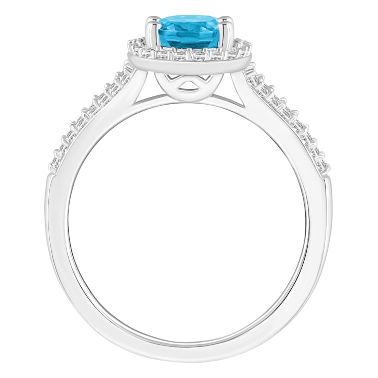 8x6mm Oval Blue Topaz 1/4 ctw Diamond Rhodium Over Sterling Silver Halo Ring