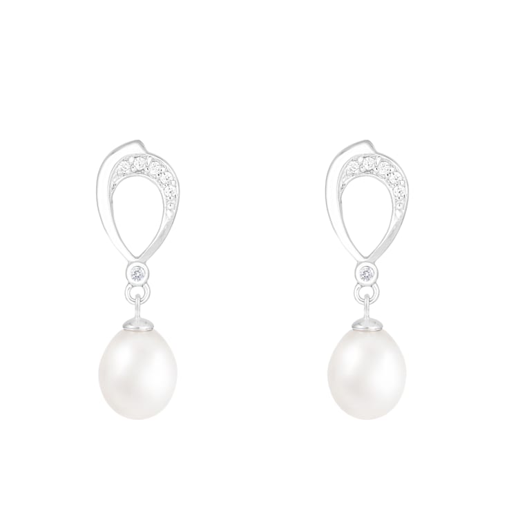 7.5-8mm White Cultured Freshwater Pearl Rhodium Over Sterling Silver Earrings