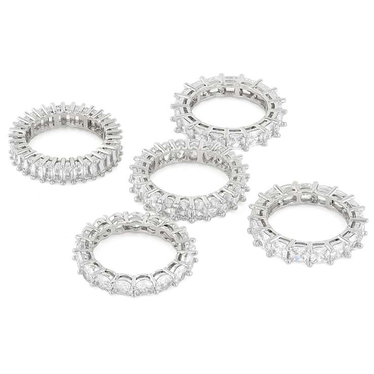 Set Of 5 CZ Eternity Band Rings In Rhodium Over Brass