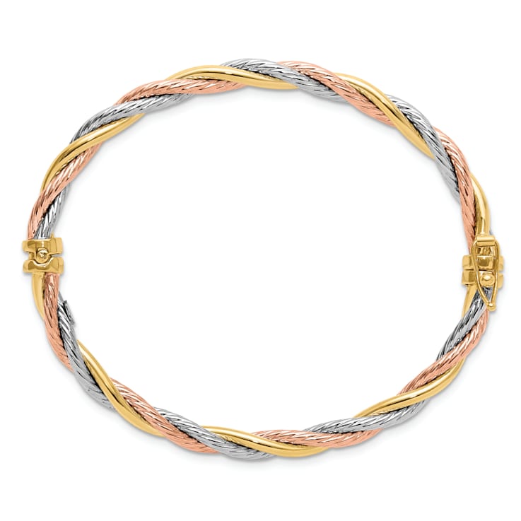14K Tri-color Polished and Twisted Hinged Bangle Bracelet