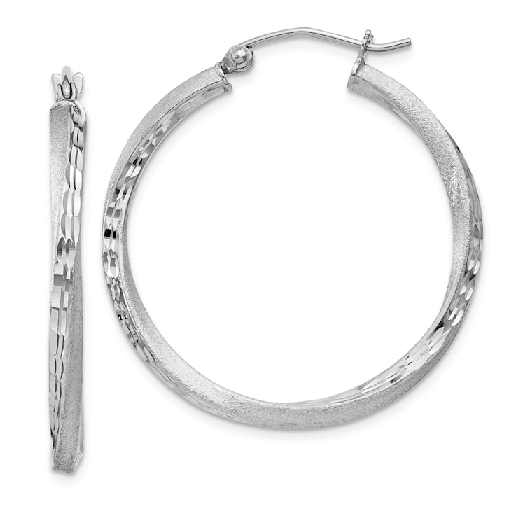 Rhodium Over Sterling Silver Satin Diamond-cut 2.5x30mm Twisted Hoop Earrings