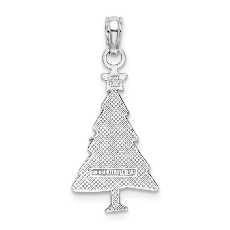 Rhodium Over 14k White Gold Green Enamel Christmas Tree with Red Star Charm