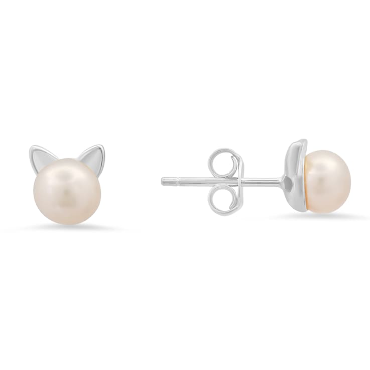 6mm Pink Cultured Freshwater Pearl Rhodium Over Sterling Silver Cat Earrings