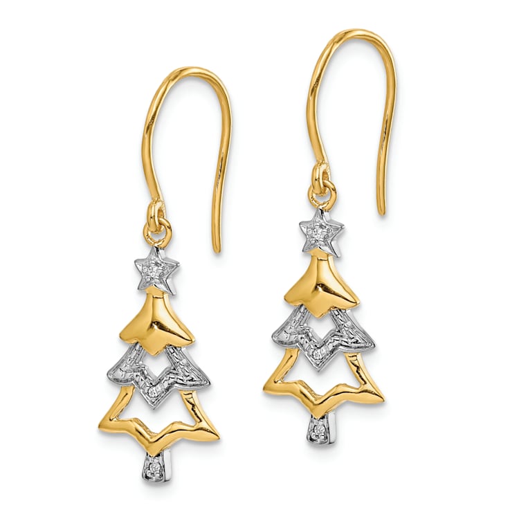 14K Yellow Gold and Rhodium Over 14K Gold Diamond Christmas Tree Dangle Earrings