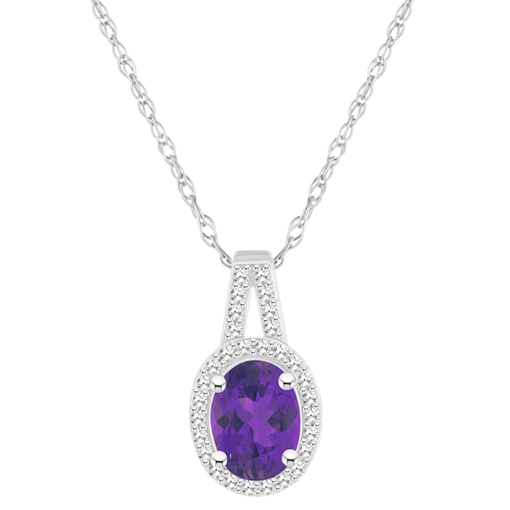8x6mm Oval Amethyst 1/7 ctw Diamond Rhodium Over Sterling Silver Halo
Pendant with Chain