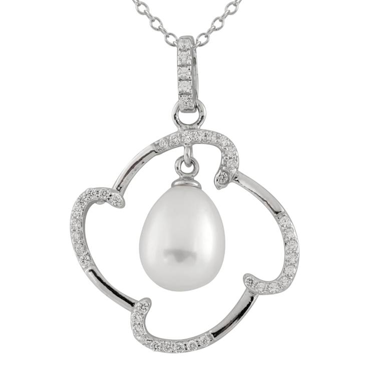 9-10mm Drop White Cultured Freshwater Pearl and CZ Rhodium Over Sterling
Silver Pendant
