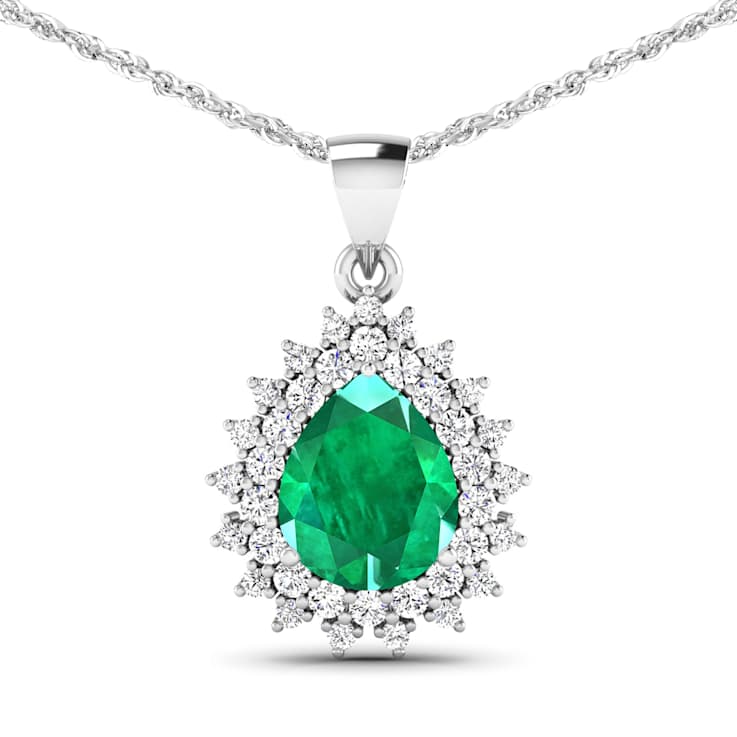 2.85ctw 14K White Gold Zambian Emerald and White Diamond Pendant with 18
inch Cable Chain