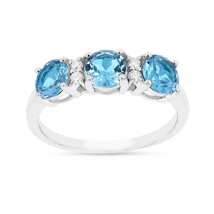 Blue Topaz Rhodium Over Sterling Silver Round Moissanite 3-Stone Ring