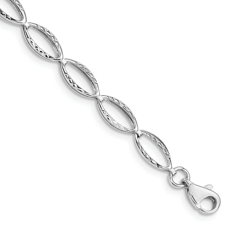 Rhodium Over 10k White Gold 5mm Polished and Textured Oval Link Bracelet
